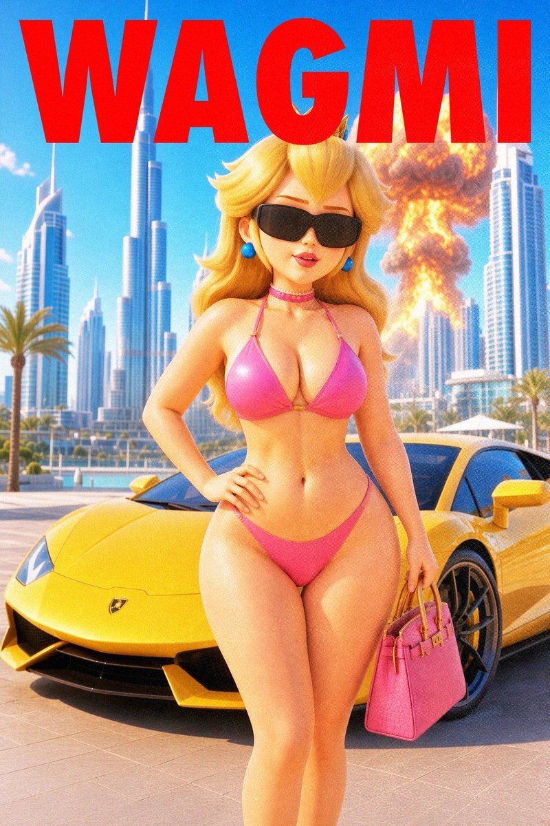 Princess in a pink bikini in front of a yellow lambo. WAGMI.
